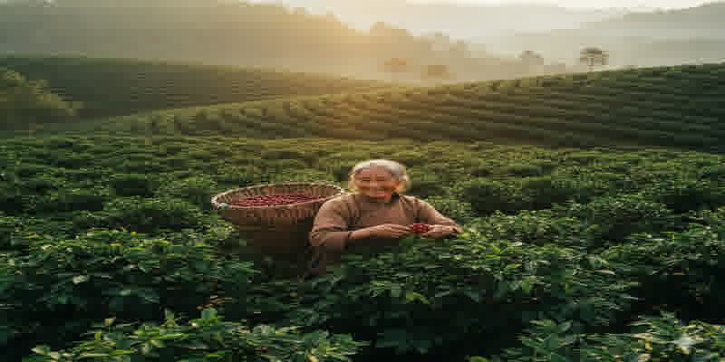 Fresh coffee cherries being harvested on a Yunnan plantation