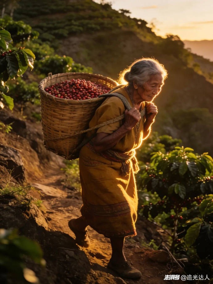Ripe red coffee cherries being picked by a farmer on a Yunnan coffee farm during harvest season, with misty mountains in the background