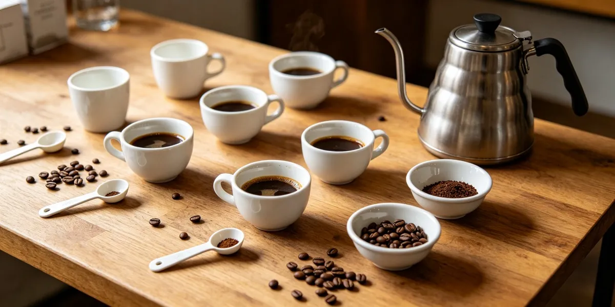 Professional coffee cupping setup with Yunnan coffee beans